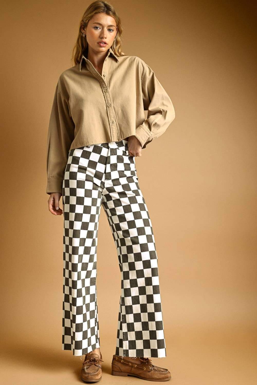 P7497 CHECKER BOARD STREATCH PANTS: CHARCOAL / S