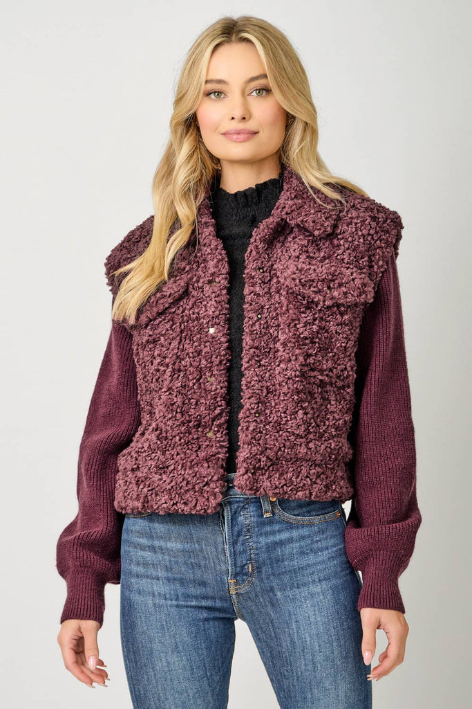 61251 Mixed Media Sweater Jacket: Merlot / Small