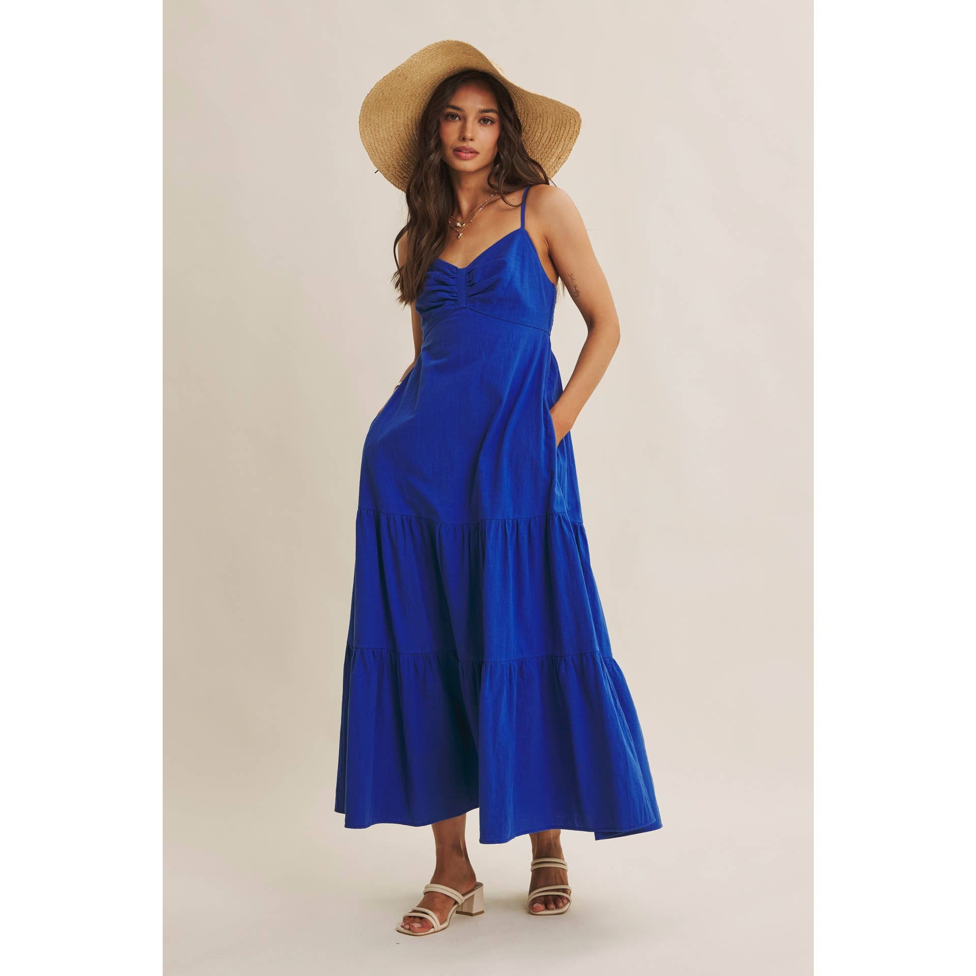 ISLAND SUNSET AIRY COTTON SMOCKED BACK RUCHED MAXI DRESS: ROYAL BLUE / S | Stella & Grace Boutique .