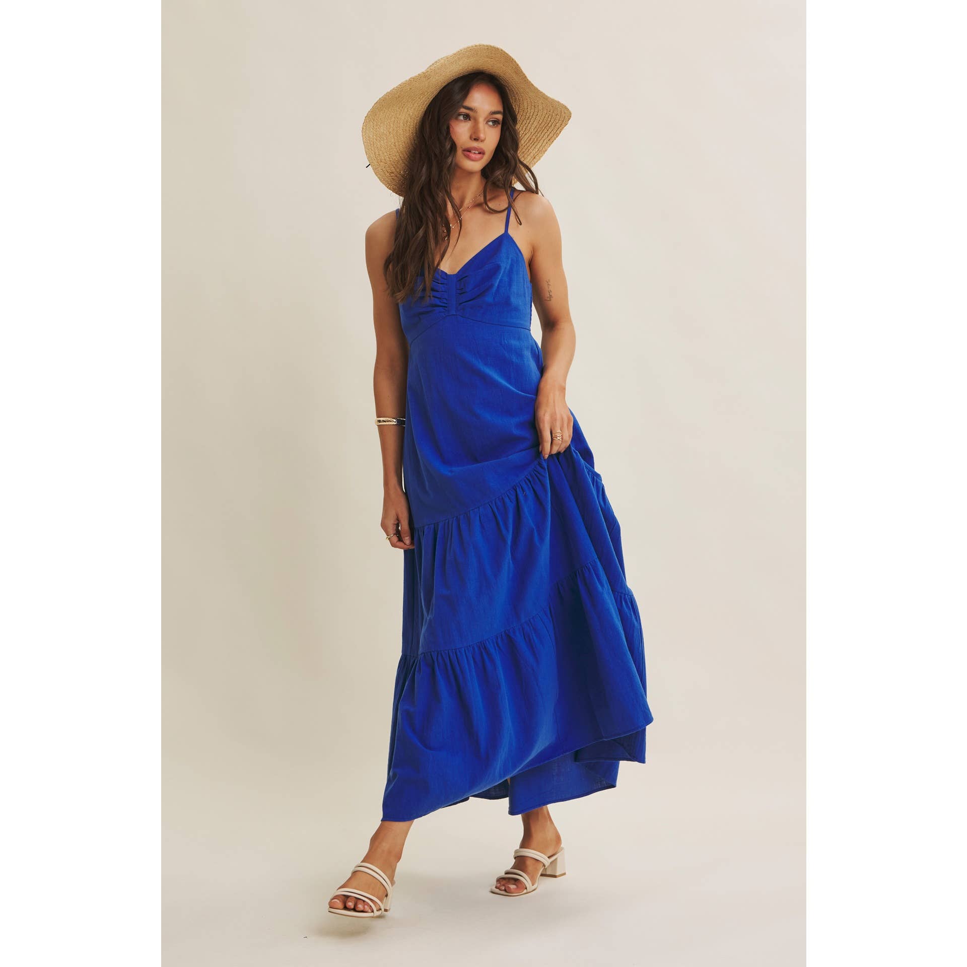 ISLAND SUNSET AIRY COTTON SMOCKED BACK RUCHED MAXI DRESS: ROYAL BLUE / S | Stella & Grace Boutique .