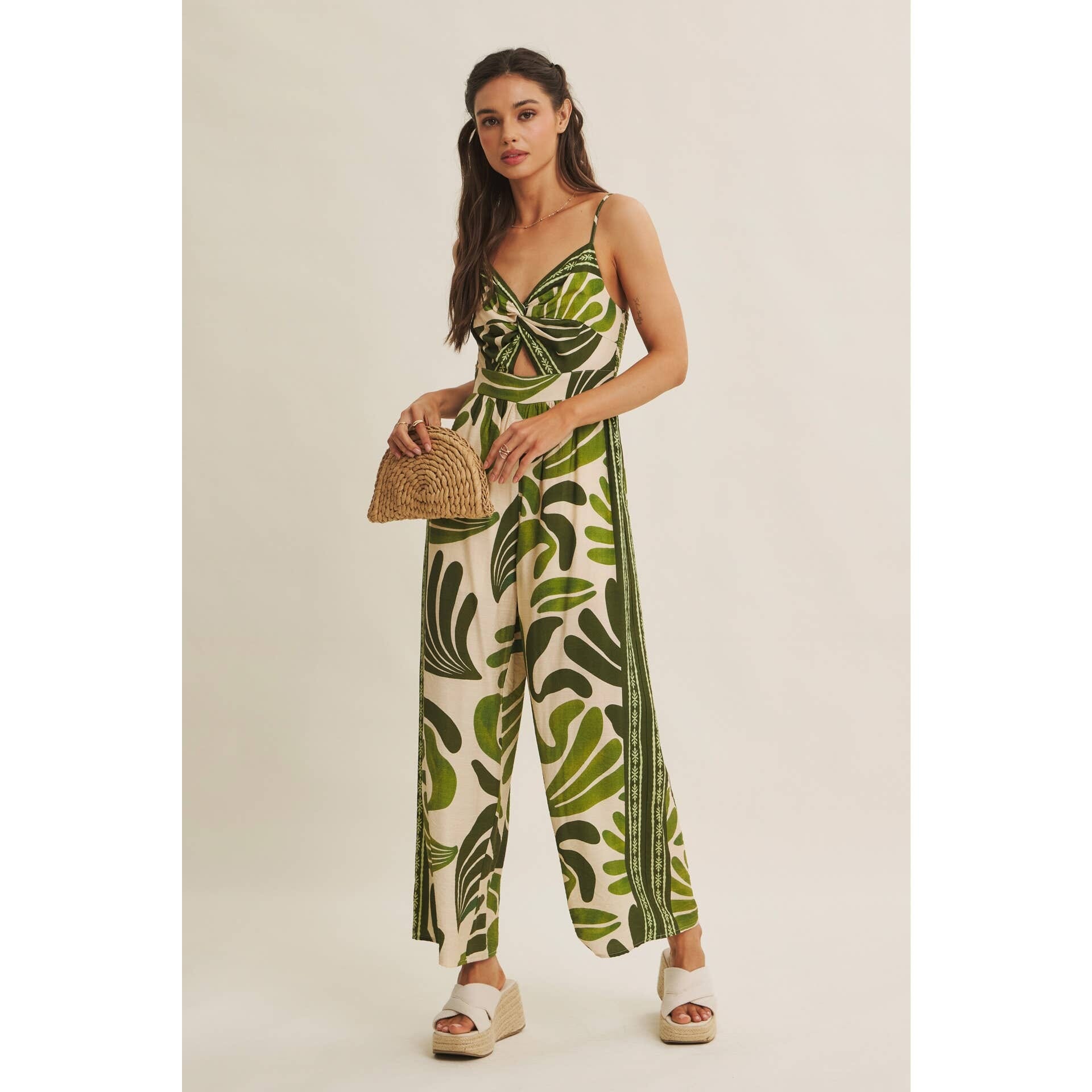 ISLAND BREEZE BORDER PRINT KNOT FRONT WIDE-LEG JUMPSUIT: OLIVE / L
