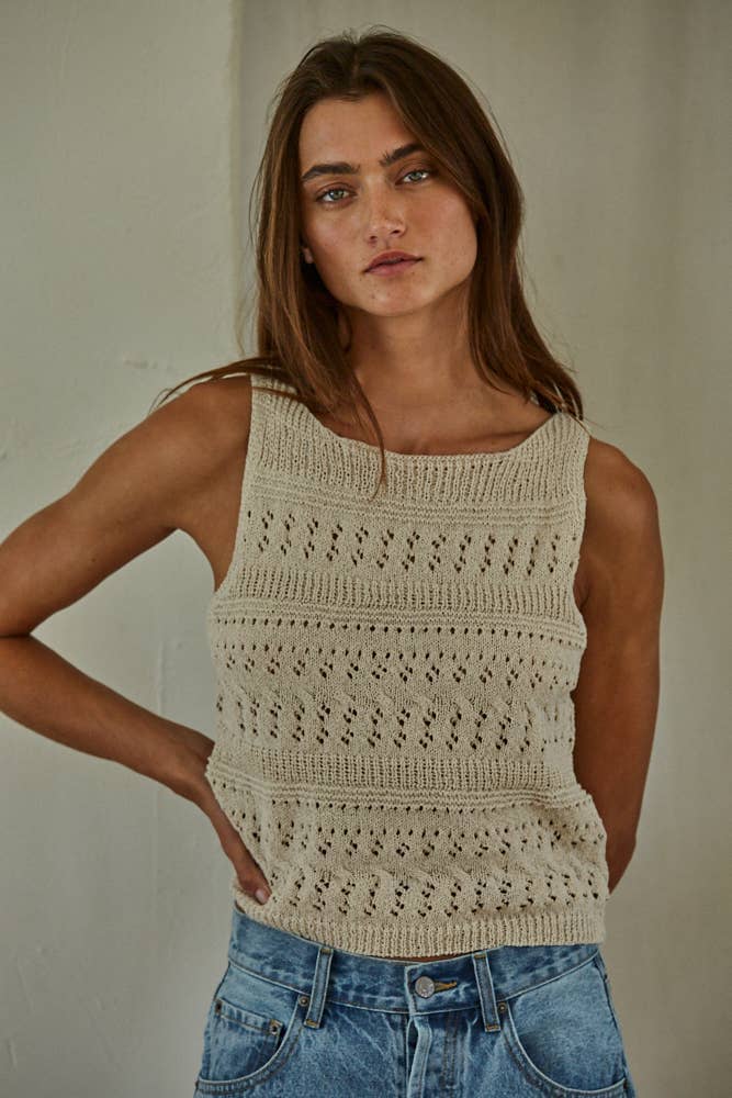 W1961 | Knit Sweater Polyester See Through Sleeveless Top: Light Taupe / S