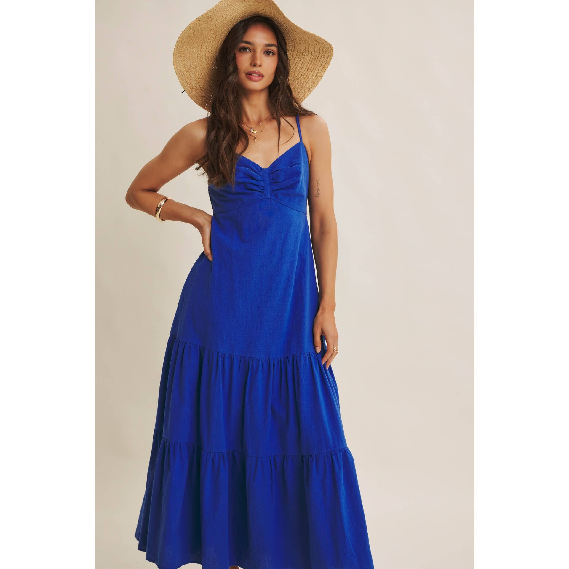 ISLAND SUNSET AIRY COTTON SMOCKED BACK RUCHED MAXI DRESS: ROYAL BLUE / S | Stella & Grace Boutique .