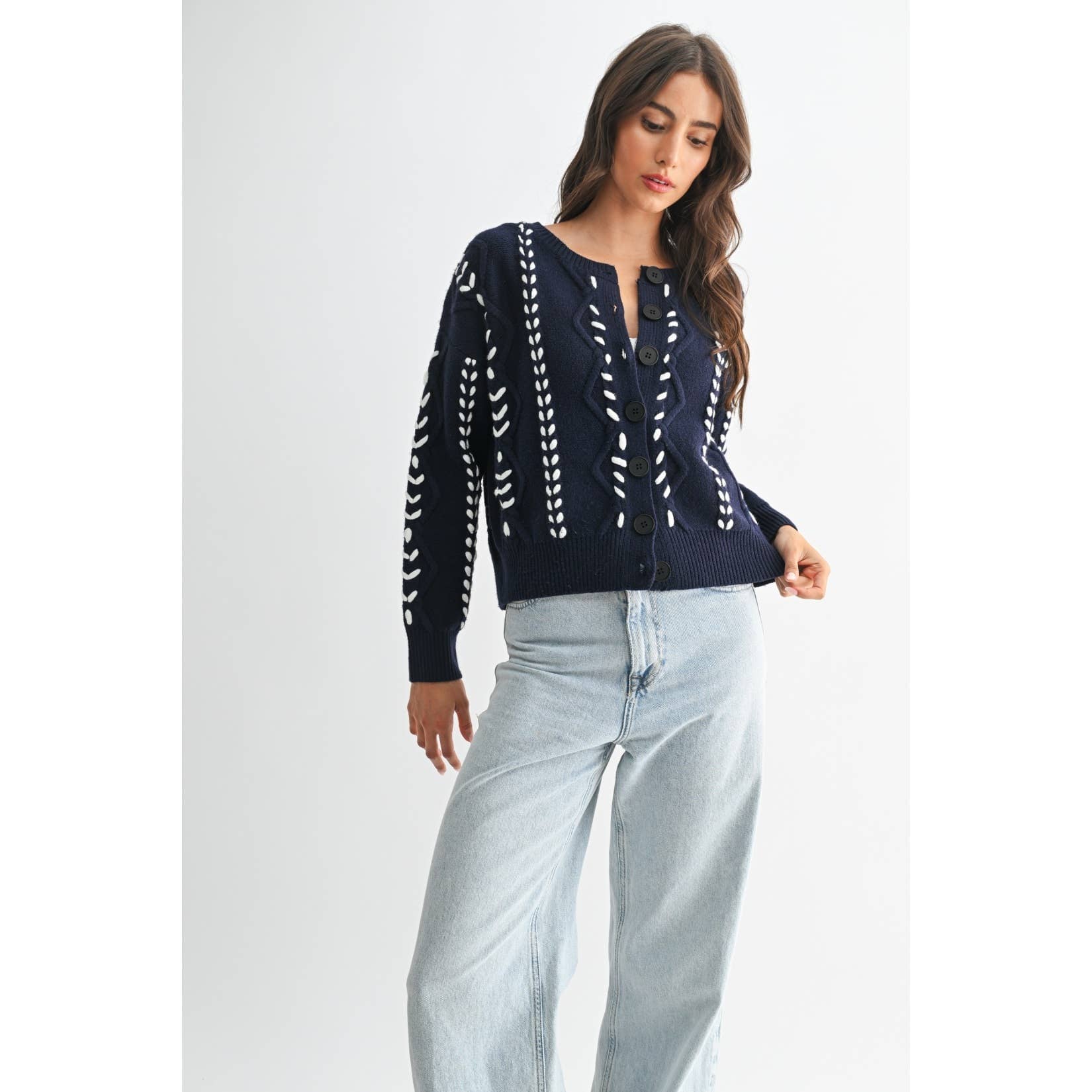 TORI RIBBON STITCH CABLE KNIT CARDIGAN : INDIGO/WHITE / S-M-L(3-2-1)
