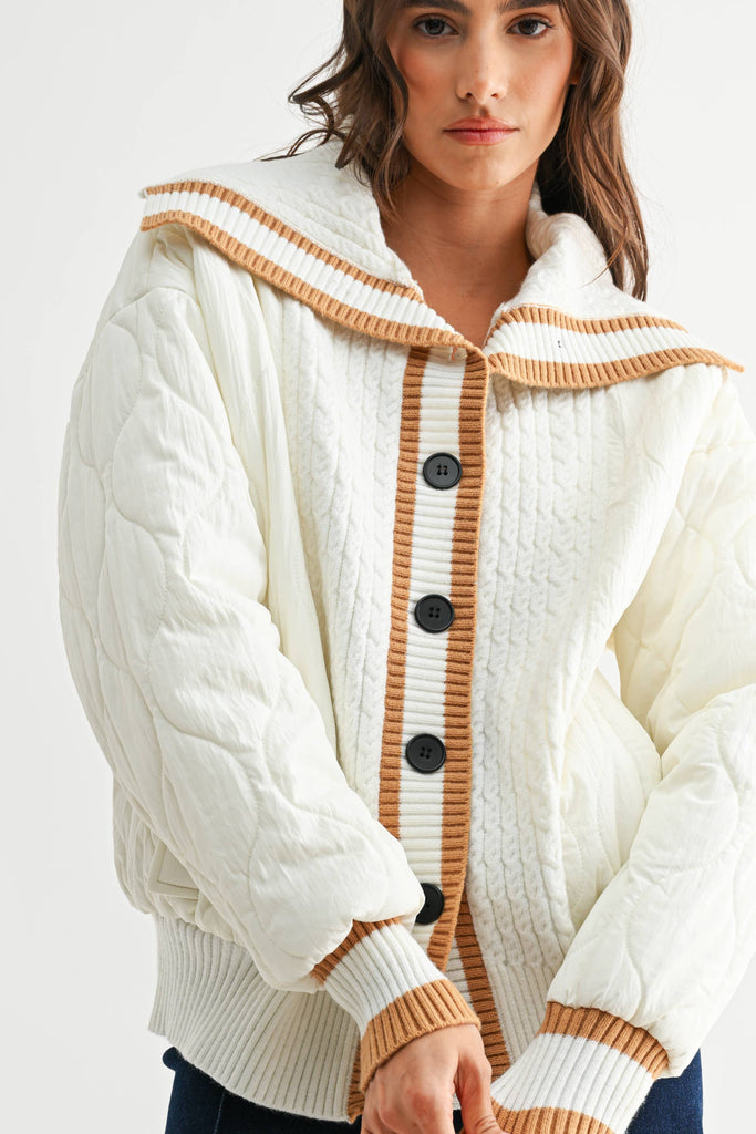 CONTRAST TRIM QUILTED KNIT JACKET - CJ25541: CREAM/CAMEL / S-M-L (3-2-1)