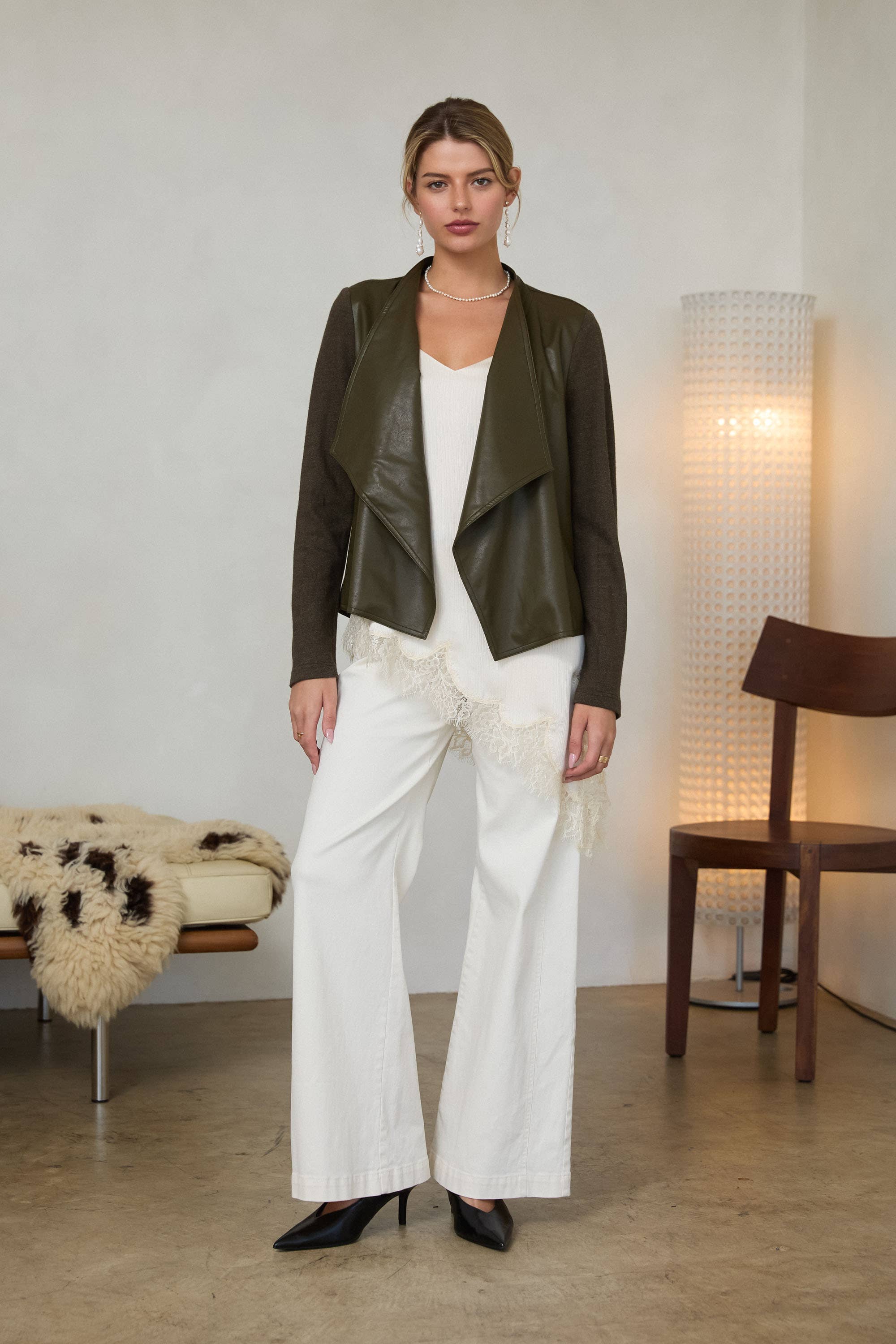 Mixed Media Faux Leather Draped Jacket: Olive / XS