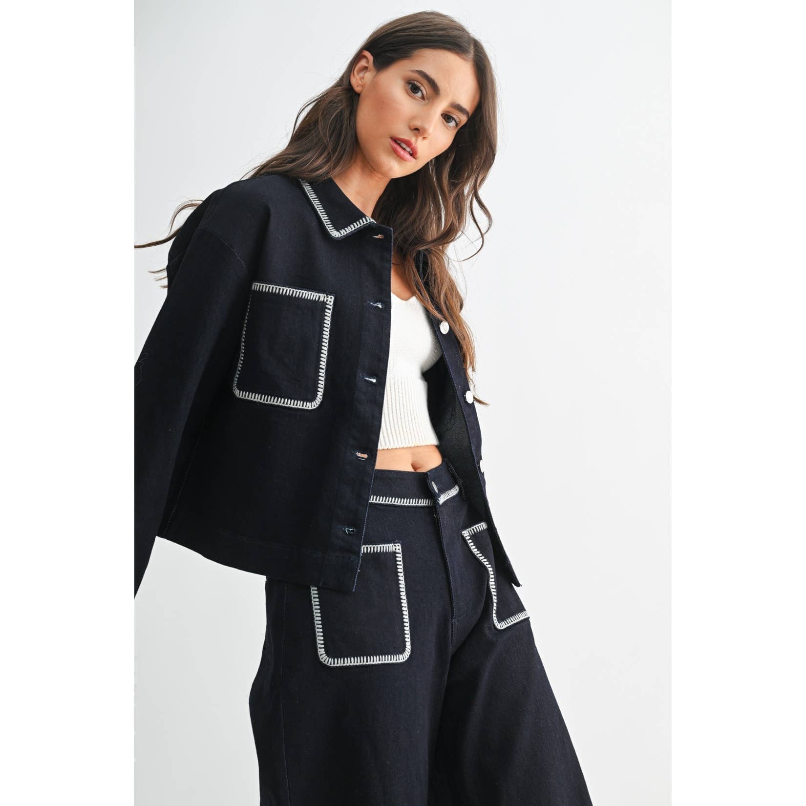 DENIM JACKET WITH CONTRAST STITCHING: DARK DENIM / S-M-L(3-2-1)