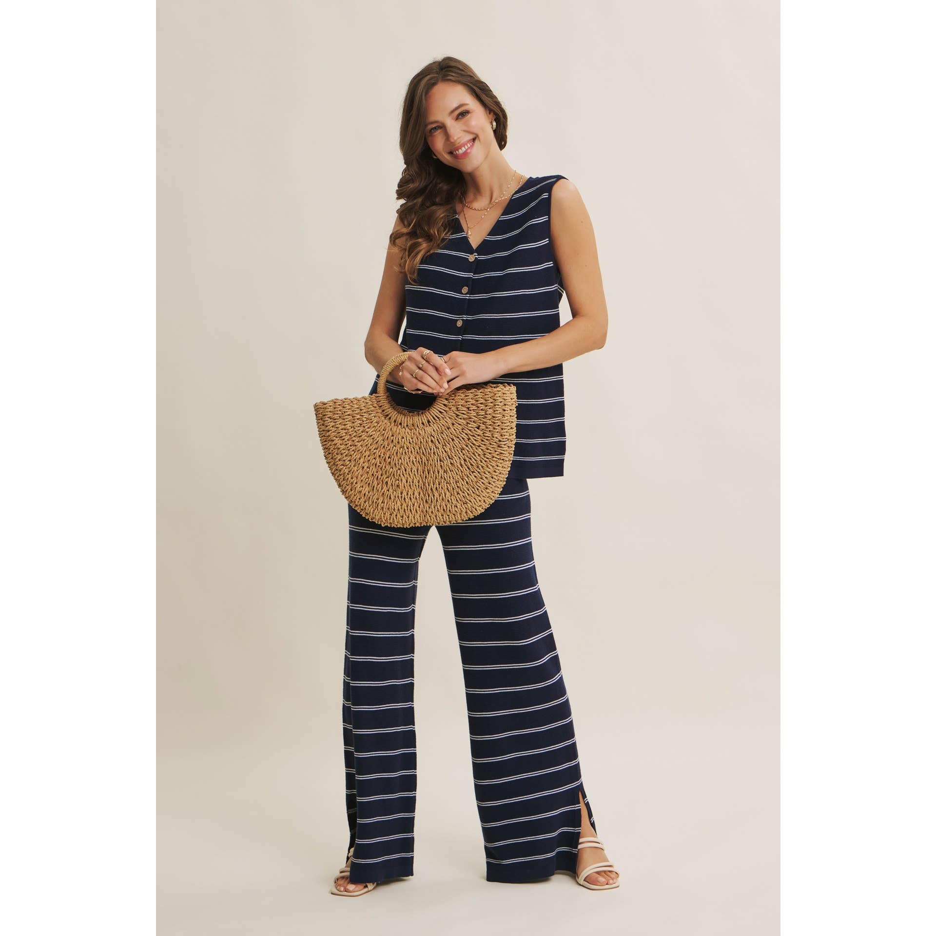 BAYSIDE LEISURE STRIPED BUTTON-DOWN LINEN BLEND SWEATER TOP: NAVY/CREAM / S | Stella & Grace Boutique .