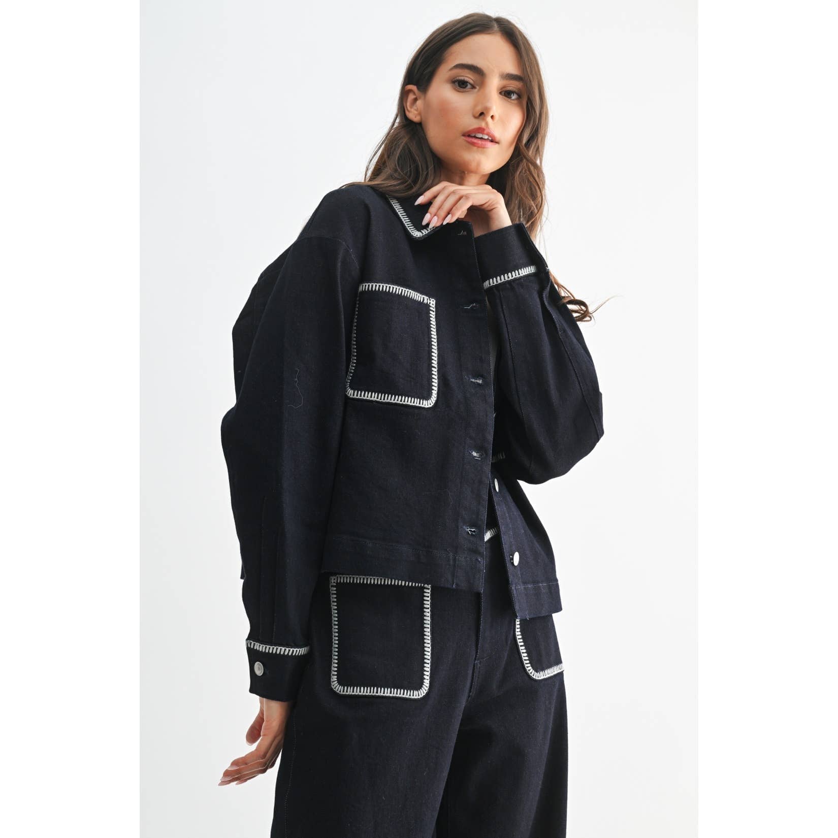 DENIM JACKET WITH CONTRAST STITCHING: DARK DENIM / S-M-L(3-2-1)