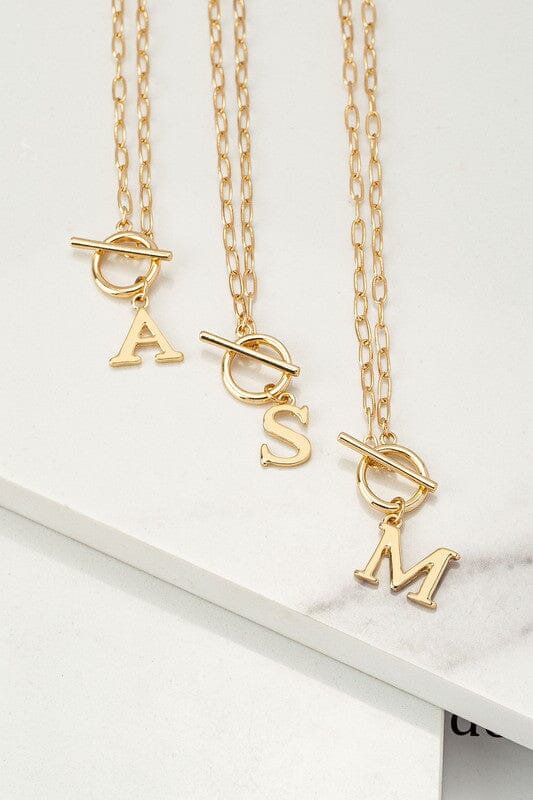 Gold Toggle Closure Initial Letter Pendant Necklace