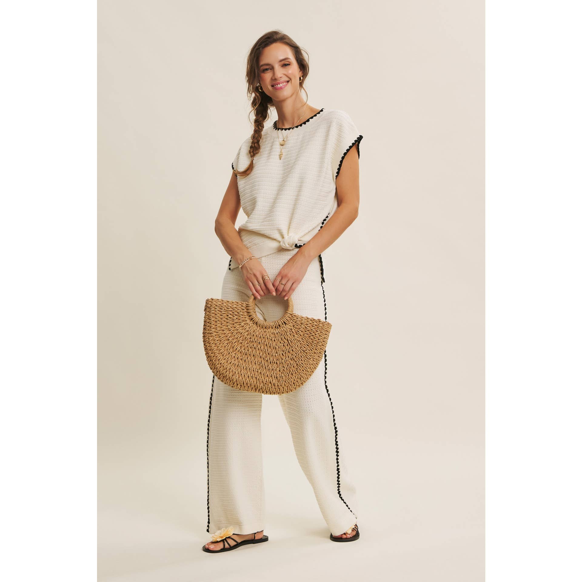 PLAYFUL SOPHISTICATION BEACHY TEXTURED SWEATER PANTS: IVORY / S | Stella & Grace Boutique .