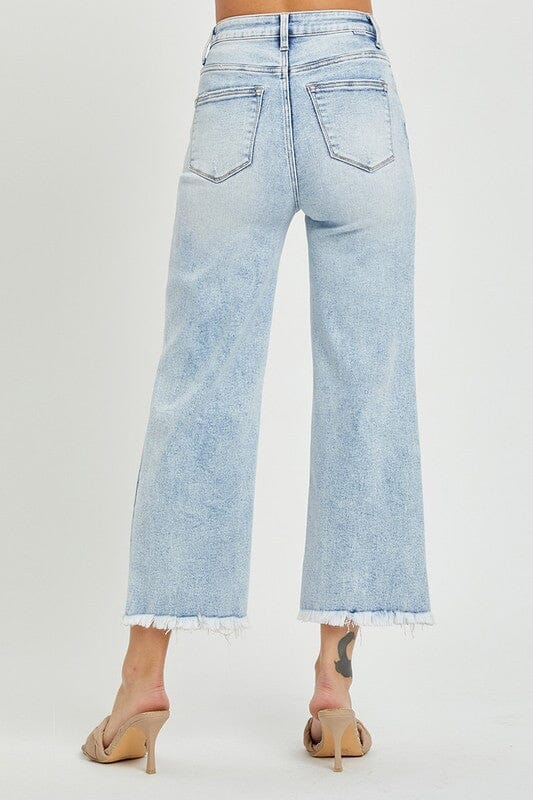 Light Wash High Rise Crop Wide Frayed Jeans