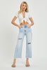 Light Wash High Rise Crop Wide Frayed Jeans