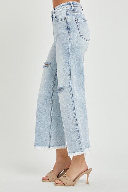 Light Wash High Rise Crop Wide Frayed Jeans