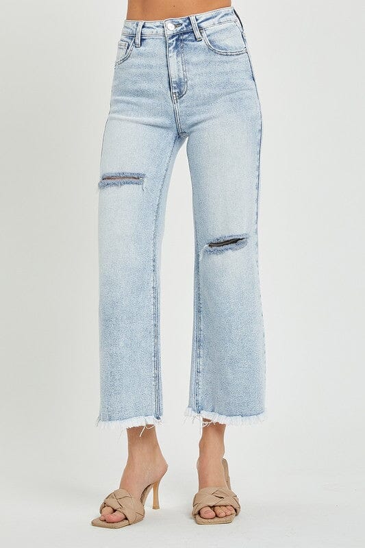 Light Wash High Rise Crop Wide Frayed Jeans