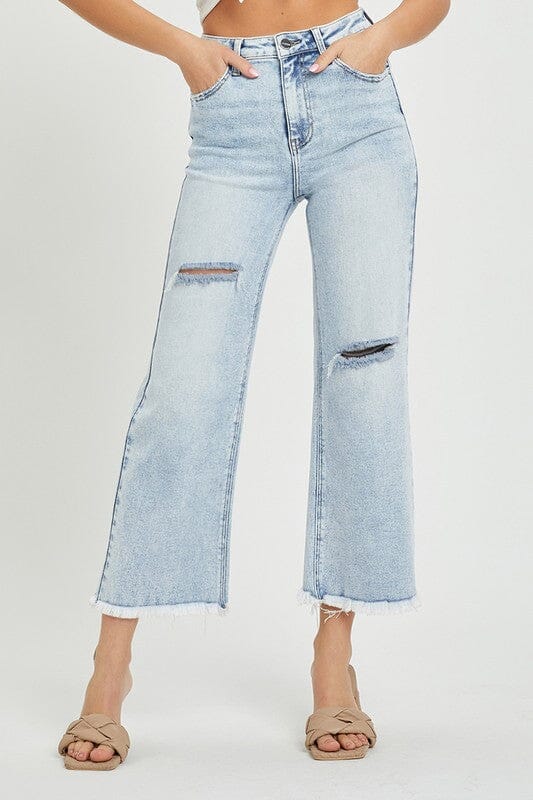 Light Wash High Rise Crop Wide Frayed Jeans