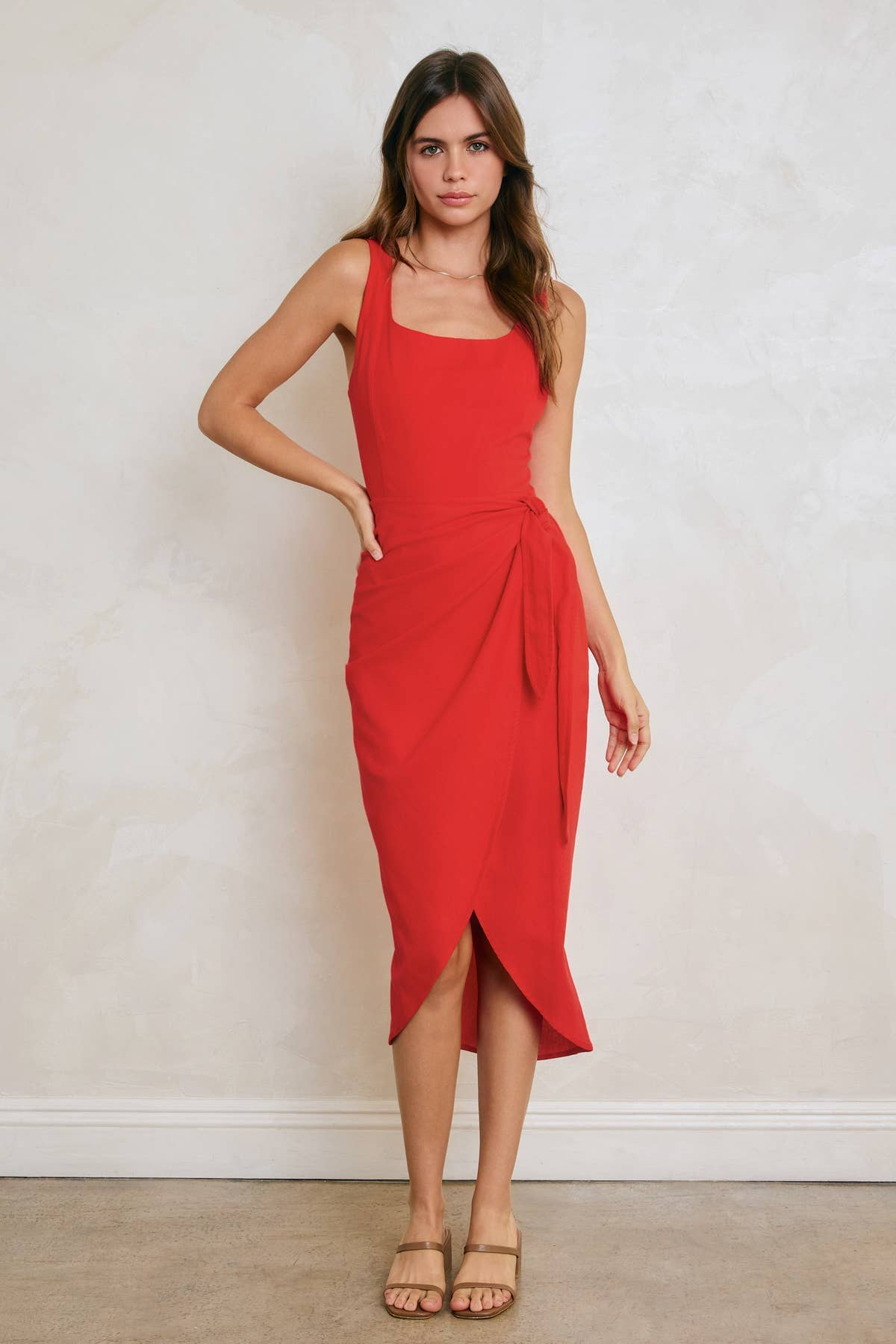 Heaven Sent Tulip Hem Midi Wrap Dress: RED ROUGE / S-M-L(3-2-1)