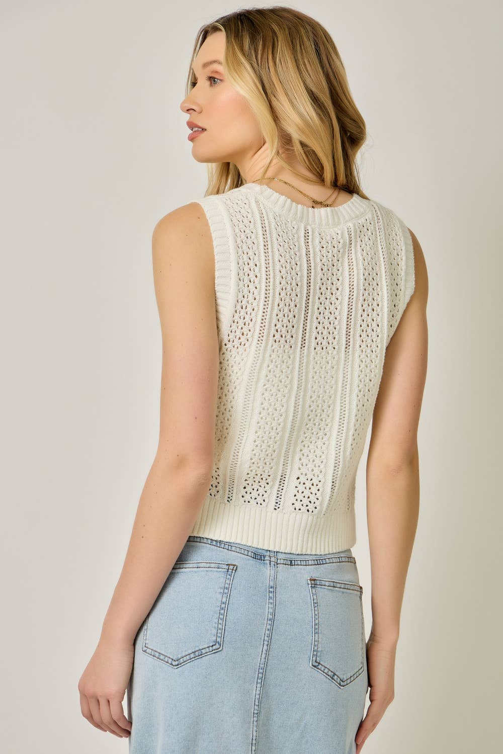 71168 Pointelle Knitted Button Up Vest: Off White / Medium