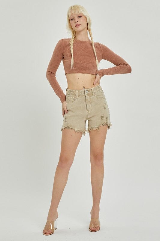 Sand High Rise Distressed Shorts