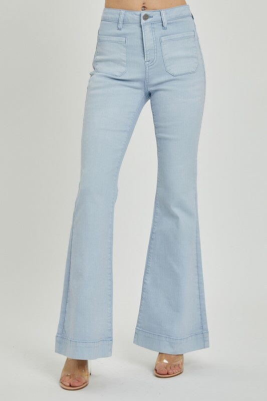 Ice Blue High Rise Patch Pocket Bell Bottom Jeans