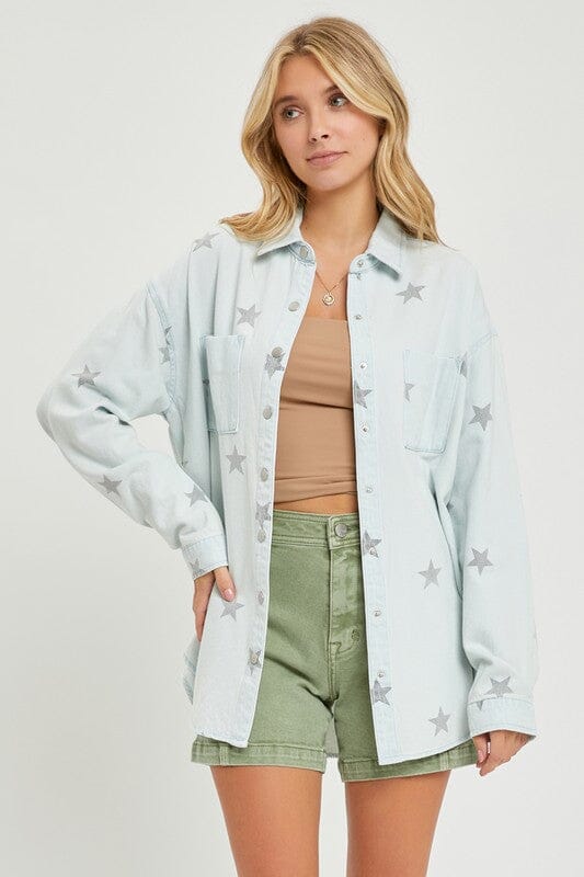 Ice Blue Oversized Star Print Shirt