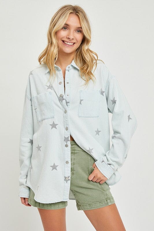 Ice Blue Oversized Star Print Shirt