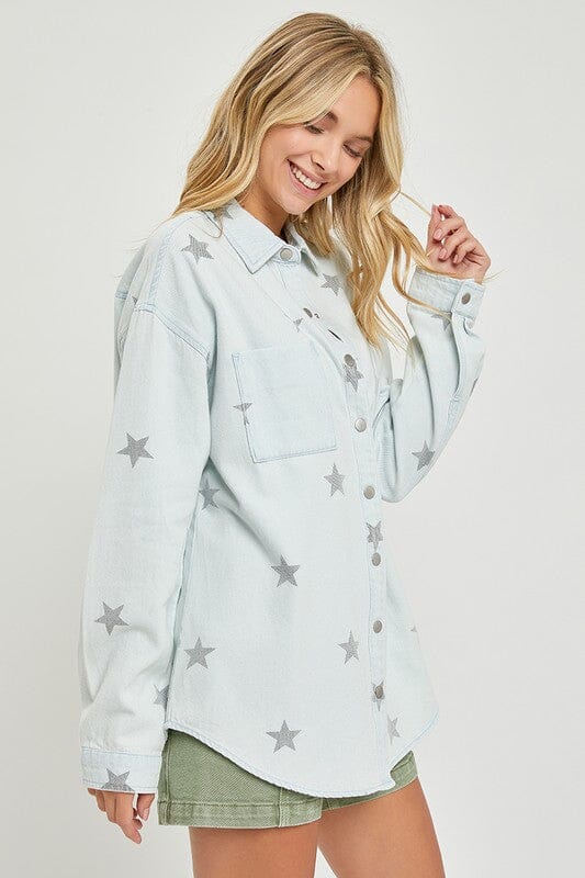 Ice Blue Oversized Star Print Shirt
