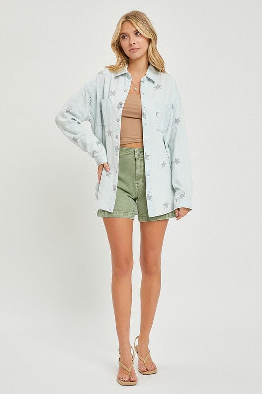 Ice Blue Oversized Star Print Shirt