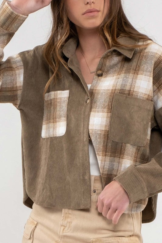 Olive Plaid Patchwork Shacket