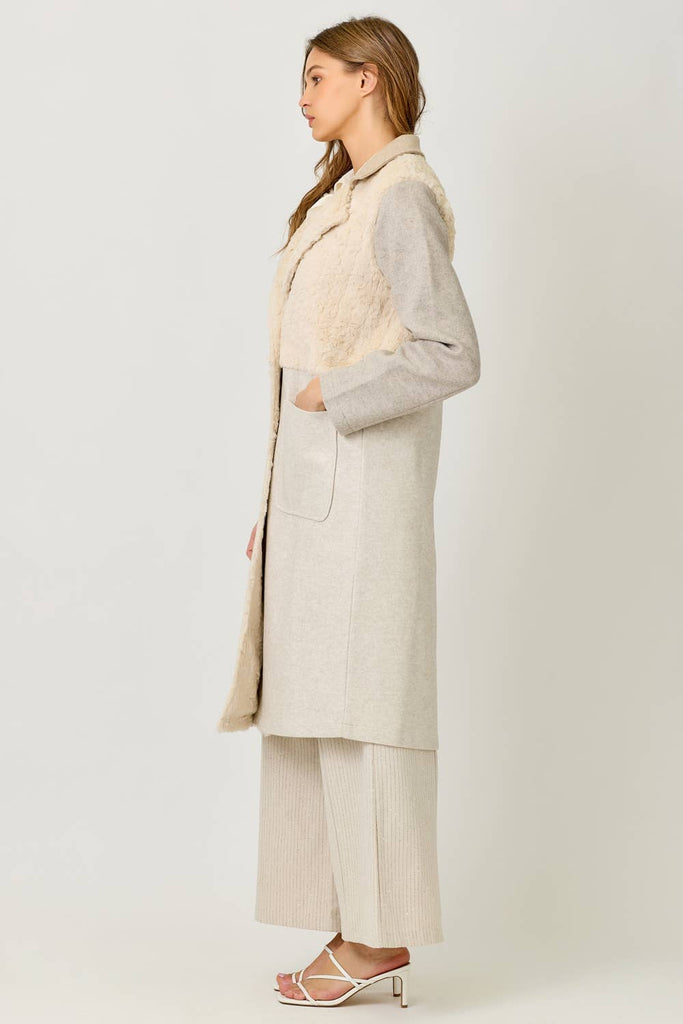 61307 Color Blocked Long Coat: Oatmeal Mix / Small