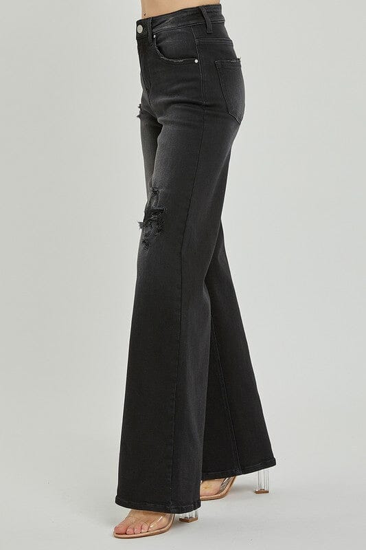 Black High Rise Distressed Detail Wide Leg Jeans