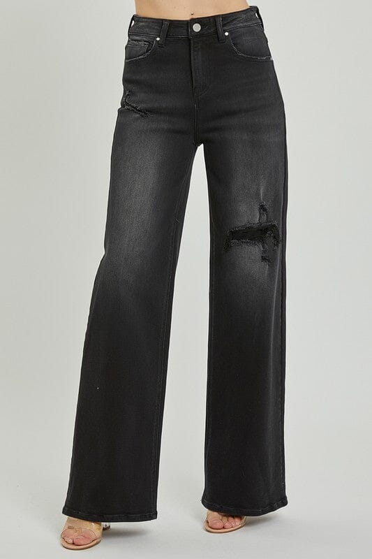 Black High Rise Distressed Detail Wide Leg Jeans