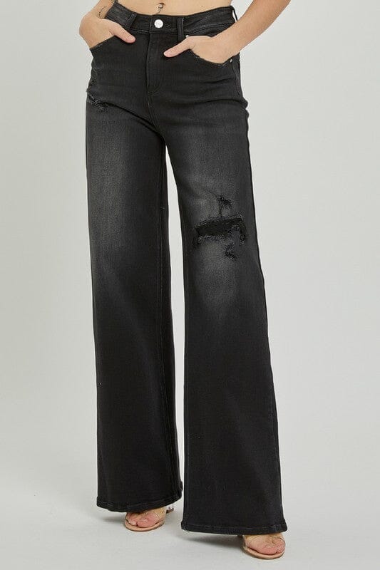 Black High Rise Distressed Detail Wide Leg Jeans