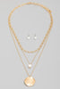 Gold Brushed Disc And Pearl Bead Layered Necklace Set