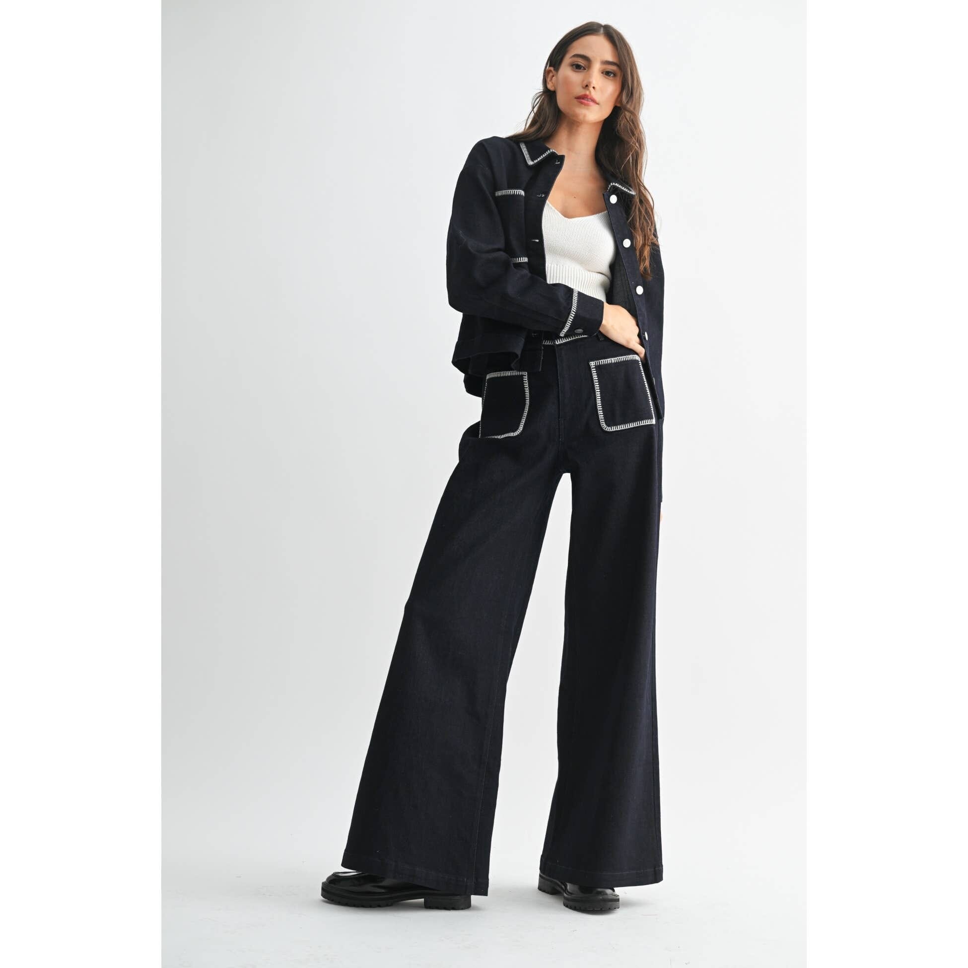 DENIM JACKET WITH CONTRAST STITCHING: DARK DENIM / S-M-L(3-2-1)