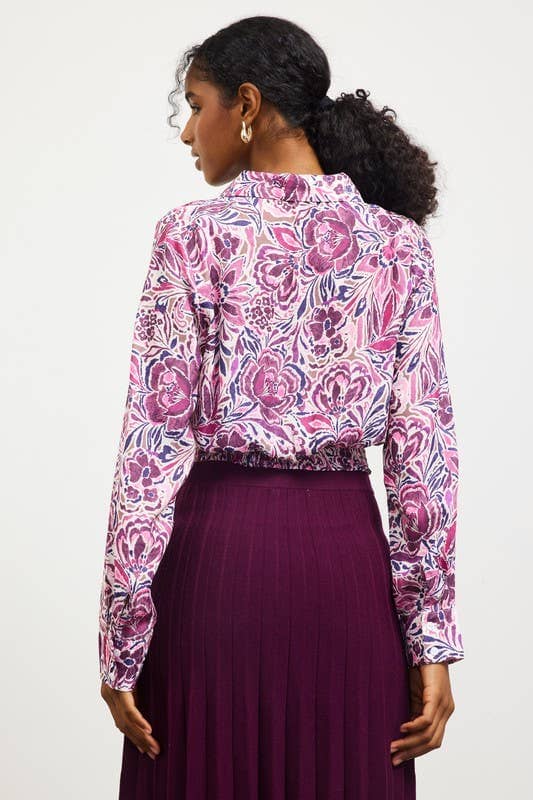 Long Sleeve Wrap Style Waist Tie Top: Plum-Multi / L