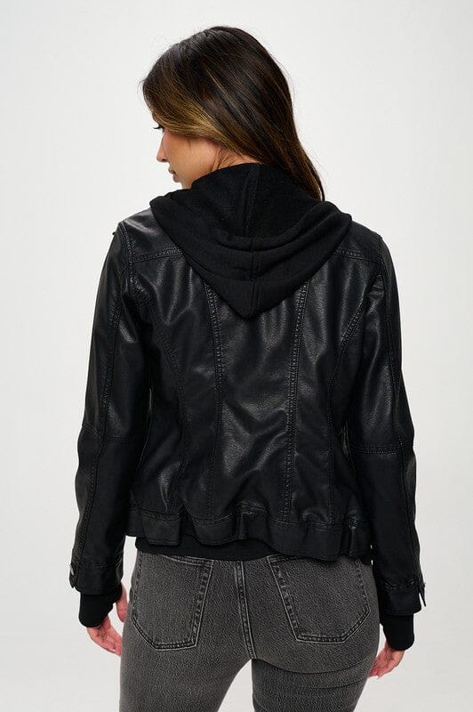 Black Classic Vegan Leather Hooded Jacket