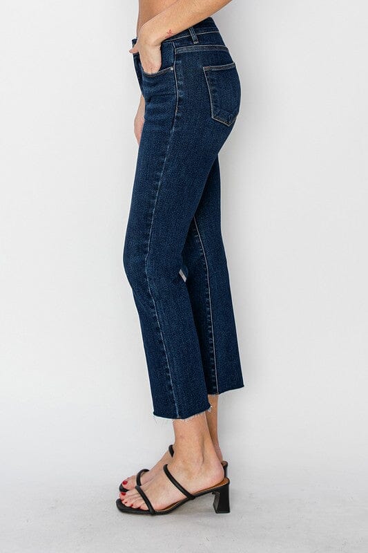 RISEN Dark Wash Mid Rise Raw Hem Straight Leg Jeans