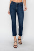 RISEN Dark Wash Mid Rise Raw Hem Straight Leg Jeans