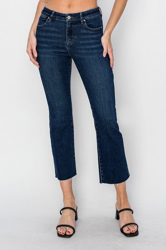 RISEN Dark Wash Mid Rise Raw Hem Straight Leg Jeans