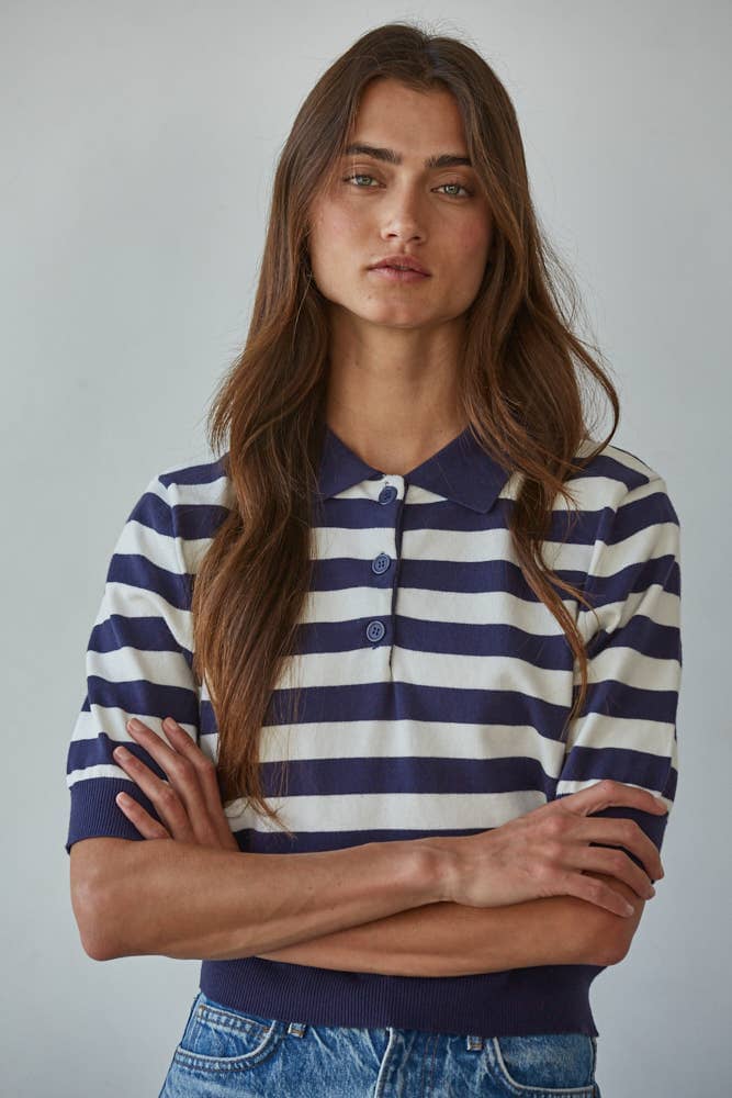 W2262 | Knit Sweater Striped Half Button Up Collar Neck Top: Navy White / S