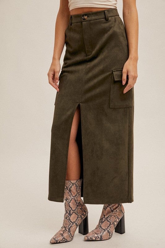 Olive Suede Cargo Midi Skirt