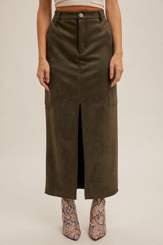 Olive Suede Cargo Midi Skirt