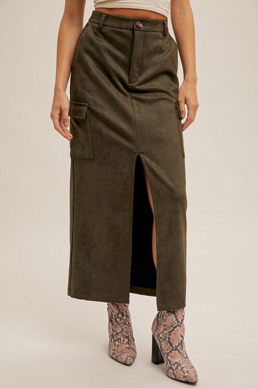 Olive Suede Cargo Midi Skirt