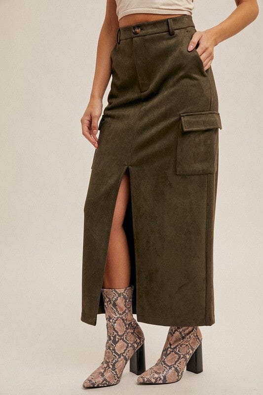 Olive Suede Cargo Midi Skirt