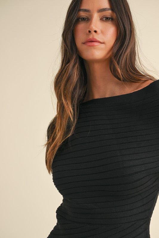 Mable Black Off Shoulder Ribbed Midi Dress Small