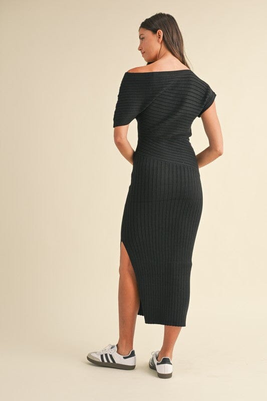 Black Off Shoulder Ribbed Midi Dress