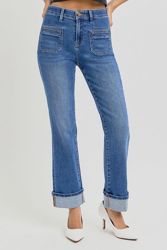 RISEN High Rise Ankle Slim Straight Leg Cuff Jeans