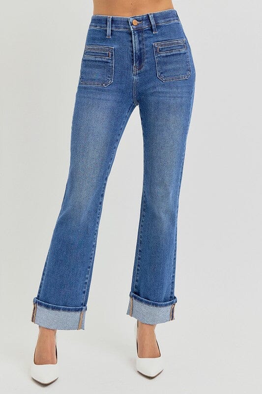 RISEN High Rise Ankle Slim Straight Leg Cuff Jeans