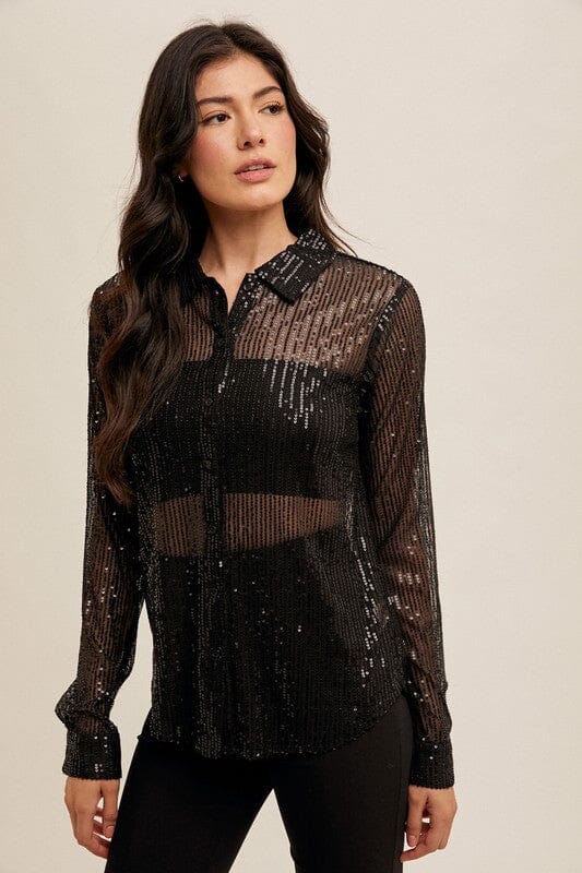 Black Sequin Button Down Shirt